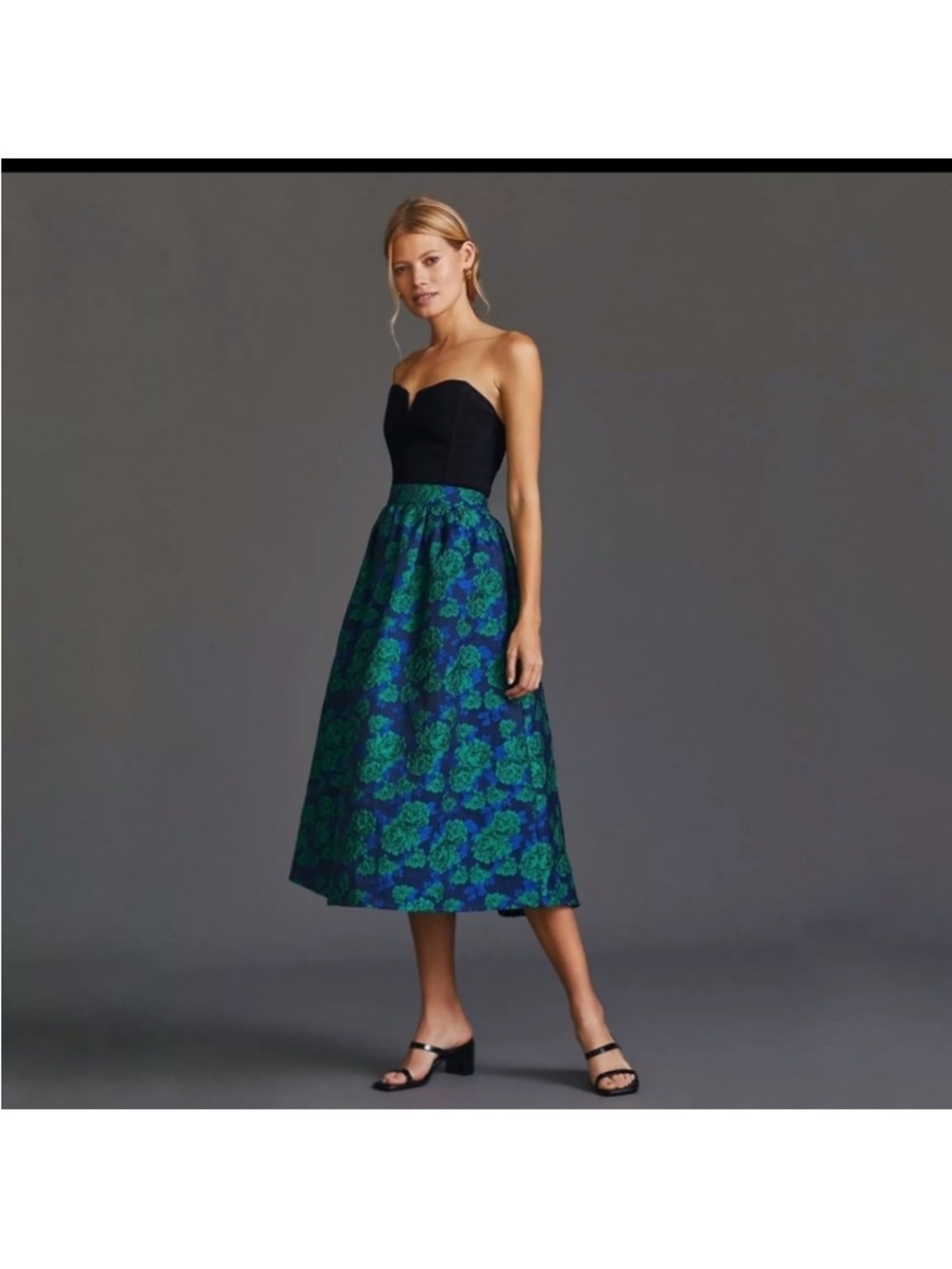 Anthropologie Sunday in Brooklyn Jacquard Blue and Green Floral A-Line Skirt